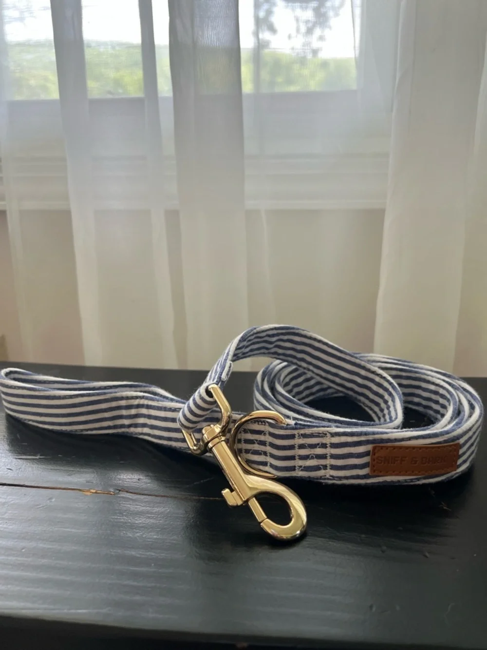 Sniff & Bark leash, collar and dapper tie set in blue stripe